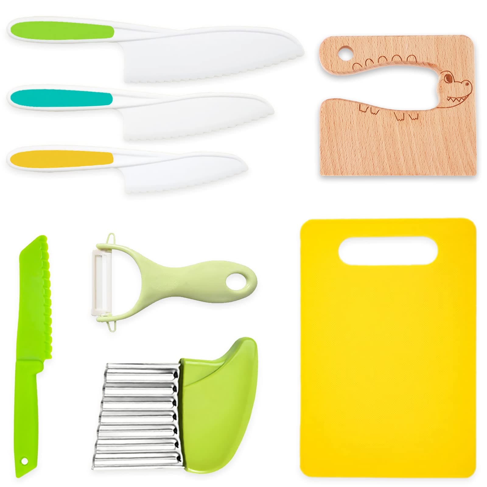8 Pieces Wooden Kids Kitchen Knifes for Real Cooking Include Plastic Toddler Knife, Wood Kids Safe Knives, Potato Slicers, Serrated Edges Cooking Knife, Y Peeler, Cutting Board (Crocodile)