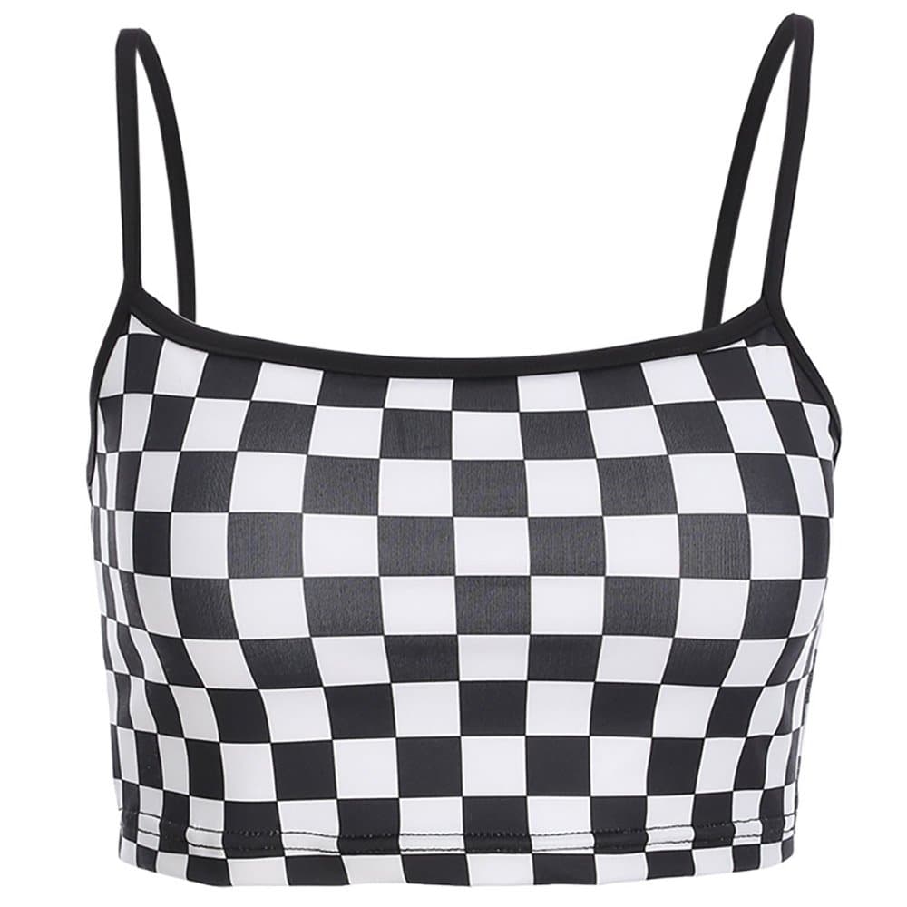 malianna Women Sexy Checkerboard Print Strap Backless Plaid Camis Streetwear Crop Tops (Black and White, Medium)