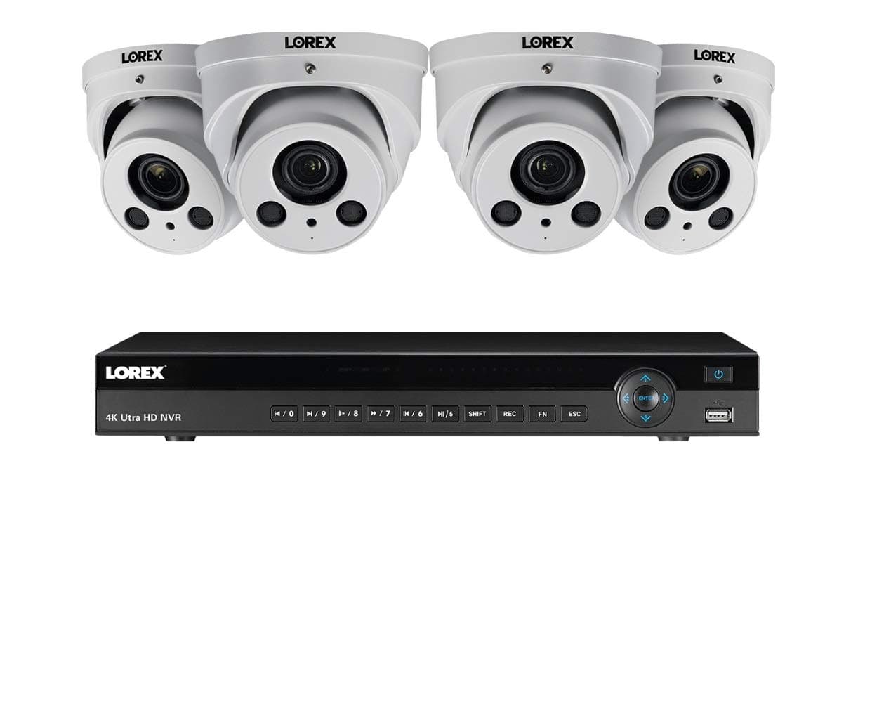 Lorex NR900X Series 4K Ultra HD IP NVR with LNE8964AB 4K(8MP) Motorized Varifocal Zoom Lens White Audio Dome Cameras, 250FT Night Vision - 4 White Dome Cameras with 8 Channel NVR