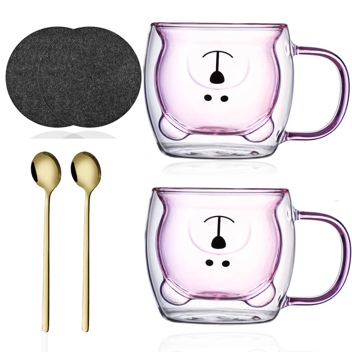 Arawat Cute Bear Tea Coffee Cups Double Wall Glass Coffee Mugs with Handle 2 Set Kawaii Bear Espresso Cups Insulated Clear Animal Tea Cup Unique Pink Funny Mug for Cappuccino Latte Cereal Americano
