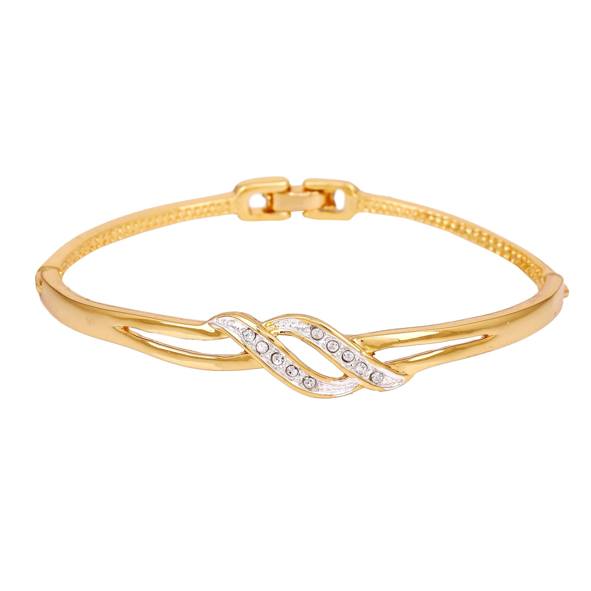 Jewellery Bracelet For Women Gold & Rhodium Plated Wave Designer Twin Line Wrap Cuff Bracelet with White Crystals for Girls and Women-101734-2TNWE BR