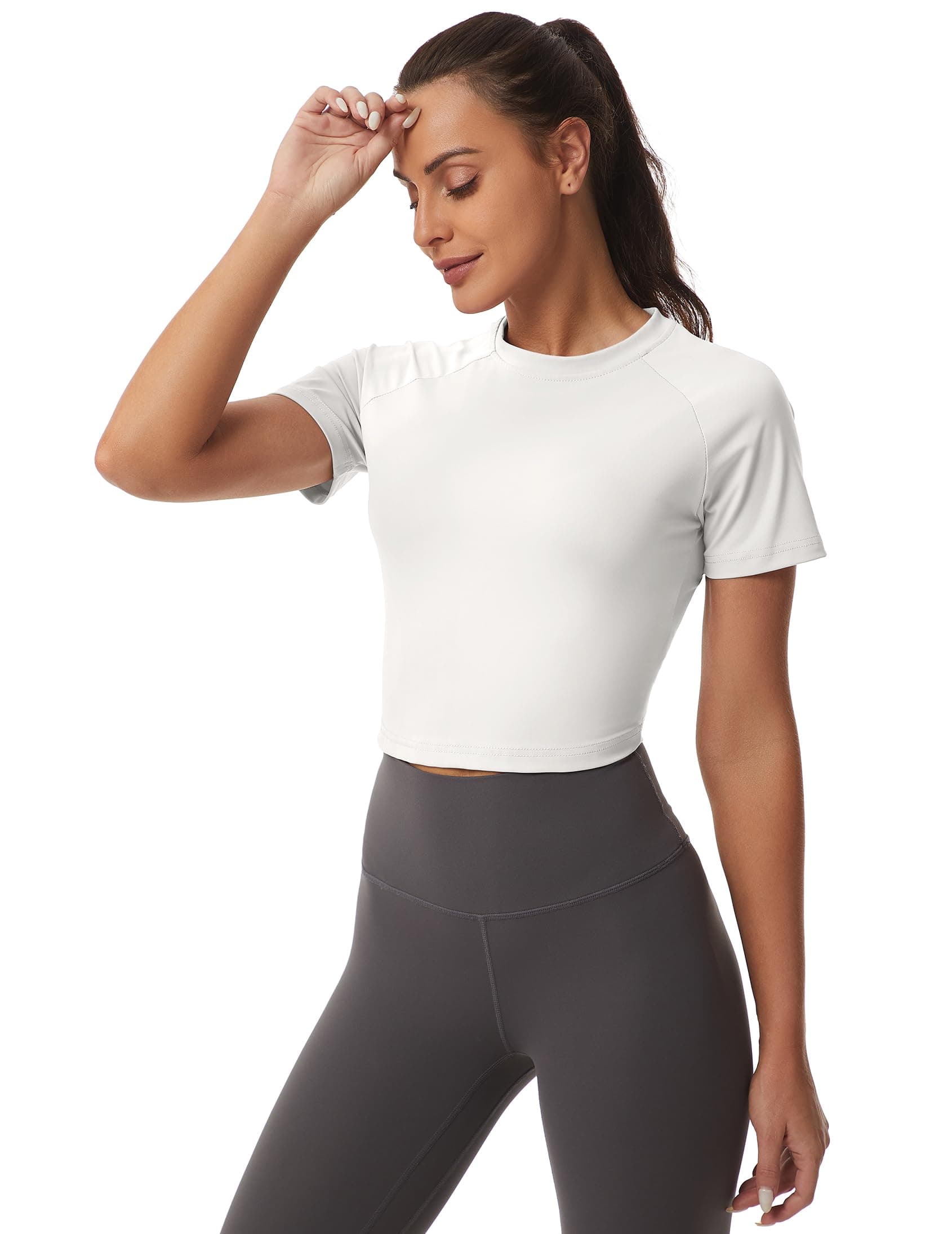 FKEEPWomen's Short Sleeve Crop Workout Tops Yoga Gym T-Shirt Casual Slim Fit Crew Neck Basic Tee Athletic Clothes