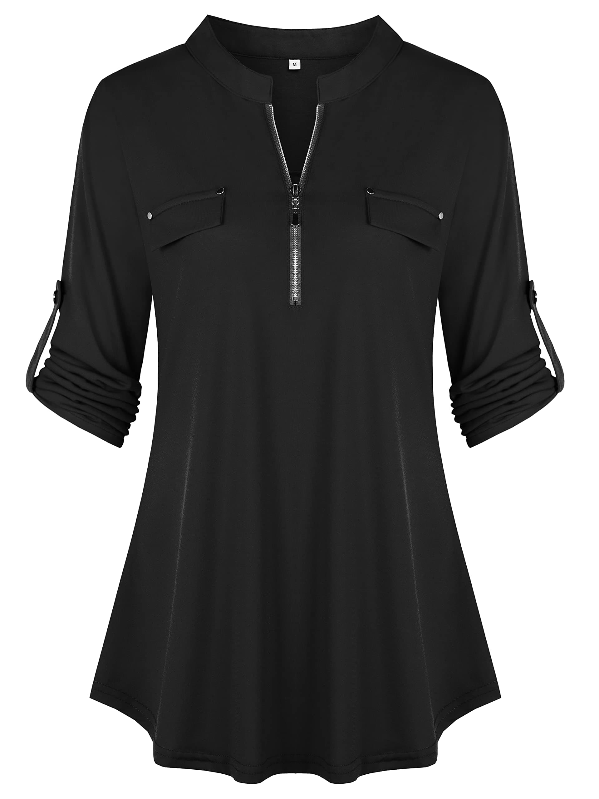 BEPEI Womens Floral 3/4 Sleeve Shirts Zip up V Neck Work Chiffon Blouses Top