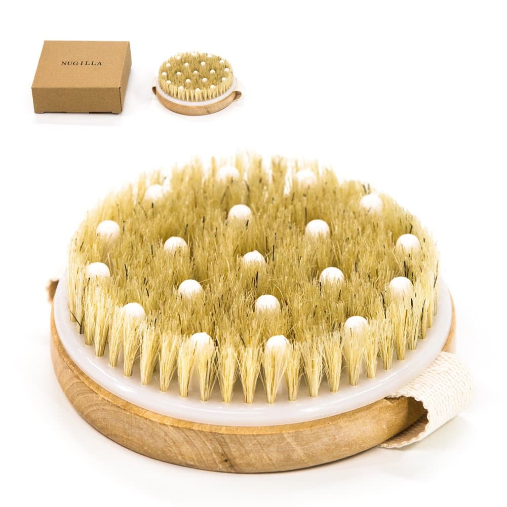 Round Wooden Bath Shower Body Brush – Natural Bristle and Gentle Massage Nodes – for Back Cellulite Reduction and Body Exfoliation