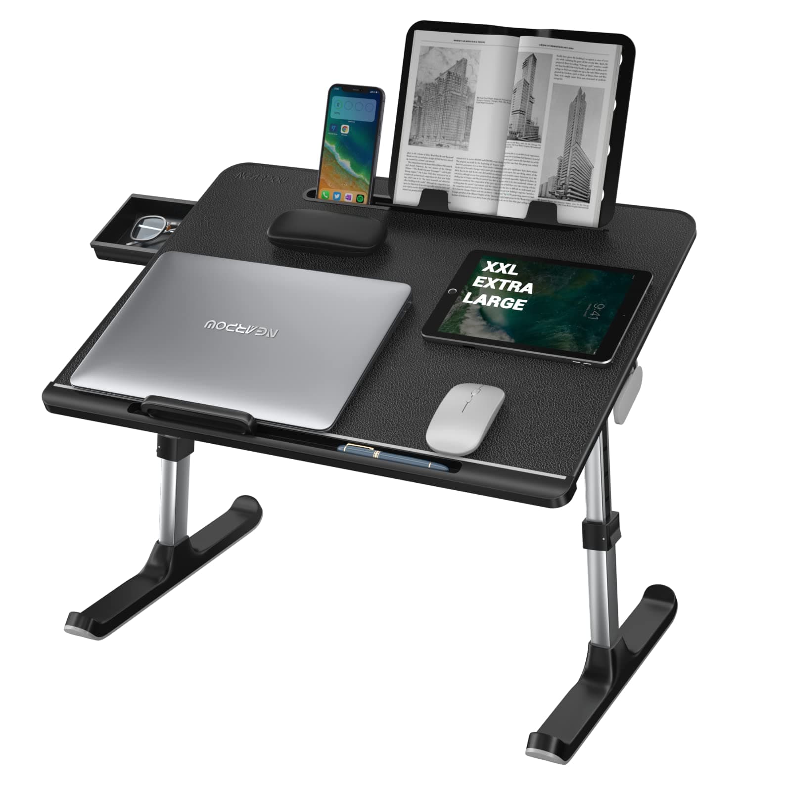 NEARPOWLaptop Desk for Bed, XXL Bed Table Bed Desk for Laptop and Writing, Adjustable Computer Tray Laptop Stand for Bed or Sofa with Anti-slip Leather, Removable Stopper, Book Stand and Drawer-Black