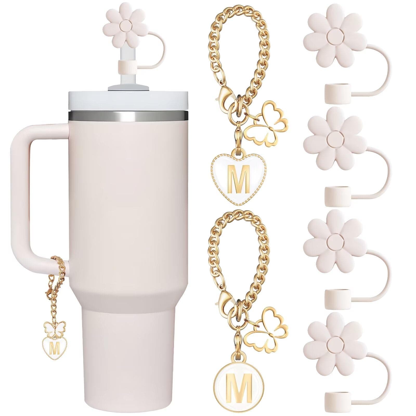 Compatible with Stanley Cup Accessories, 2PCS Butterfly Letter Charms with 4PCS 10mm Stanley Straw Cover Cap for Stanley Cup 30&40 Oz, Silicone Stanley Straw Toppers for Stanley Tumbler(M)