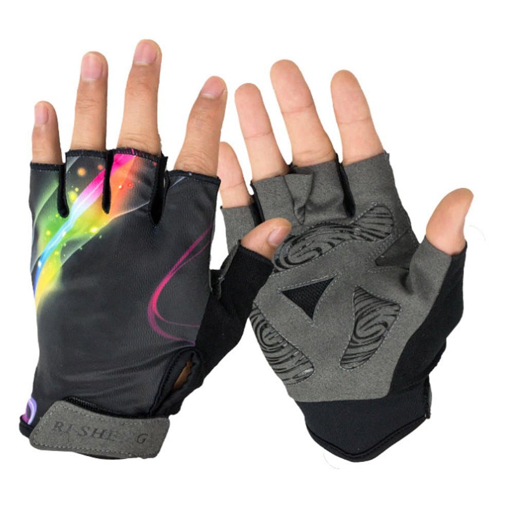 Fashion Rainbow Pattern Outdoor Sports Gloves Bike Bicycle Cycling Riding Half Finger Non-slip Gloves Spring Summer Style for Men/Women Black
