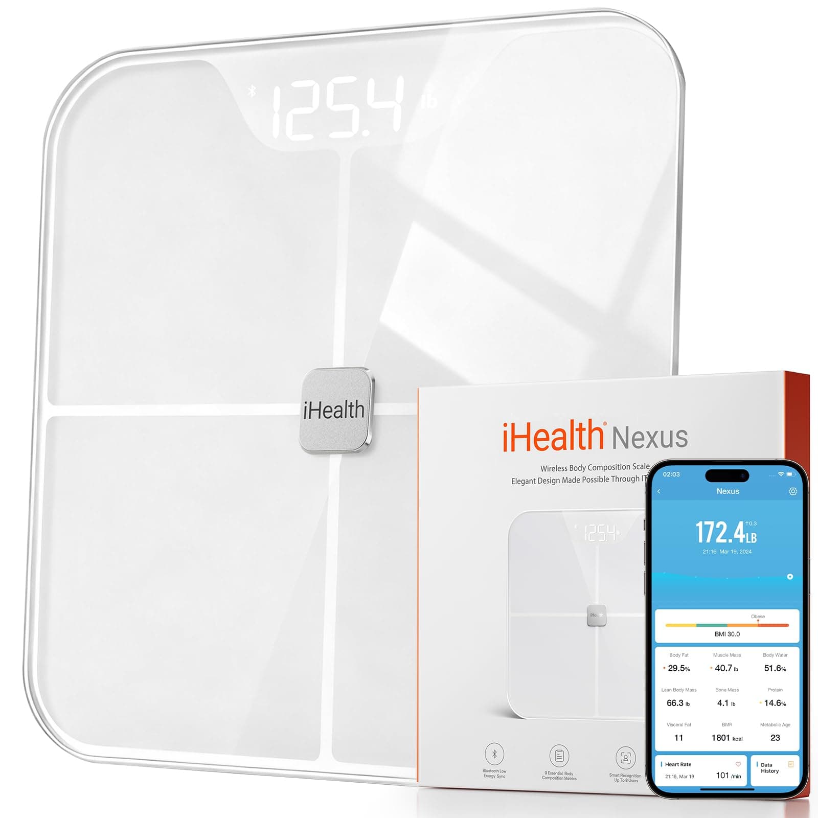 iHealth Nexus Smart Scale for Body Weight Bluetooth, Digital Bathroom Scale Body Fat and Muscle, Body Composition Monitor Health Analyzer for BMI Compatible for iOS & Android Accurate to 0.1lb-White