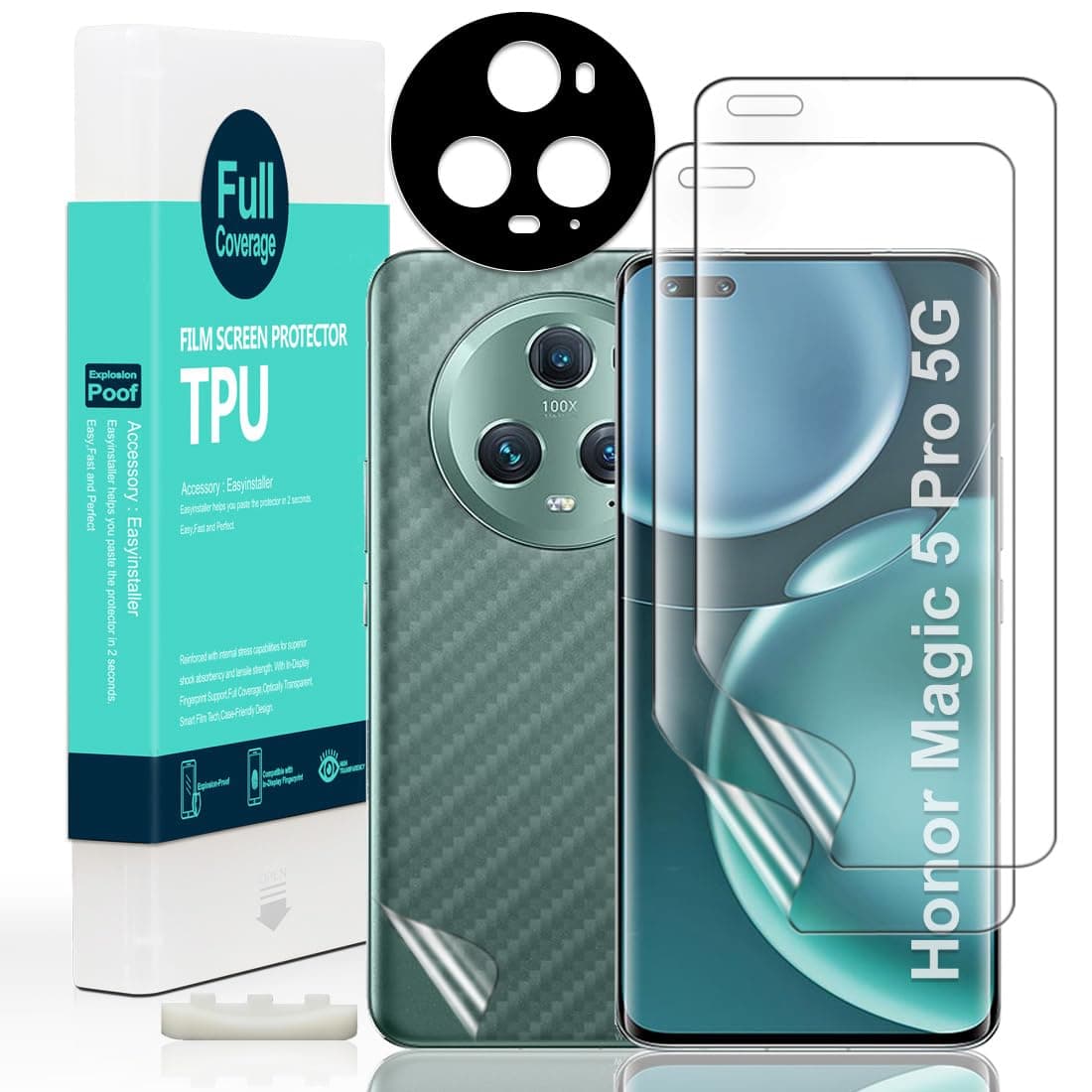Screen Protector For Honor Magic5 Pro 5G 6.81",with 2Pcs Flexible TPU Film,1Pc Camera Lens Protector,1Pc Backing Carbon Fiber Film [Fingerprint Reader,Easy to install]