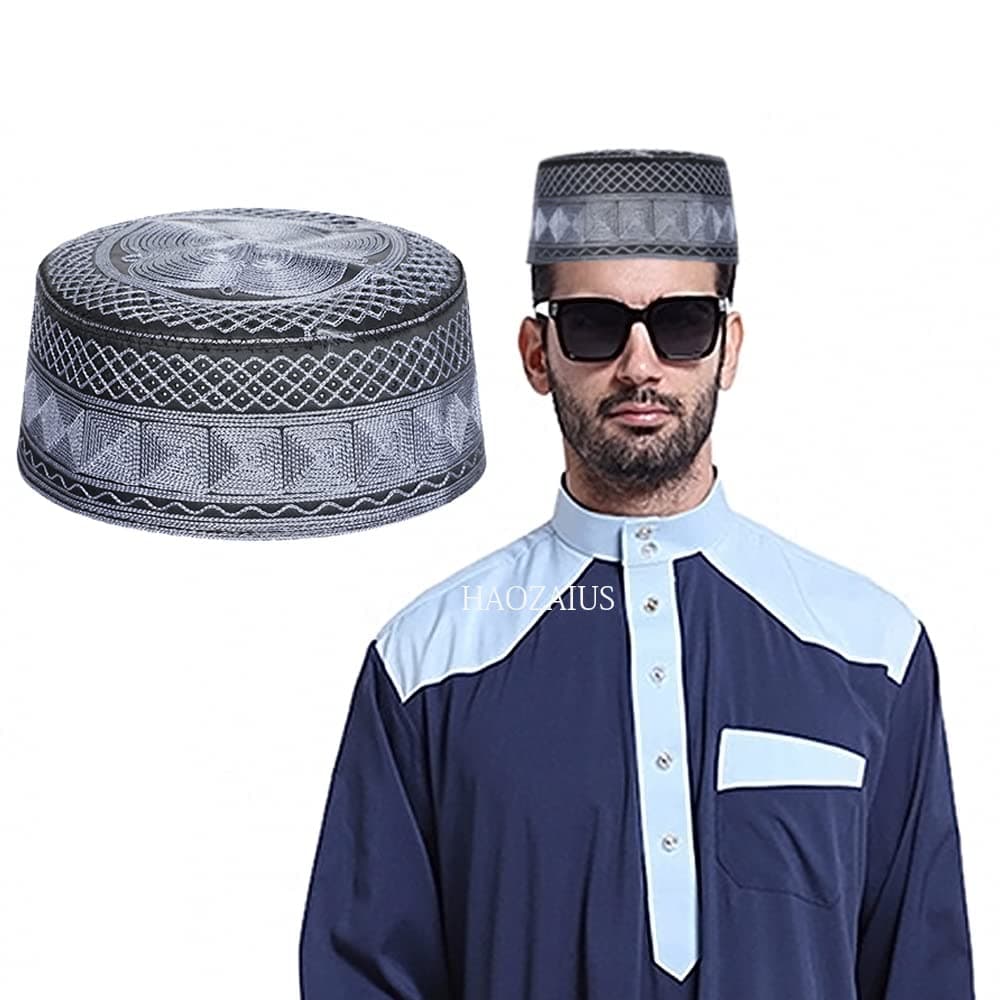 Mens Muslim Hat Islamic Prayer Cap, Muslim Eid Prayer Embroidered Kufi Fat Ramadan Mosque Arab Indian Prayer Cap