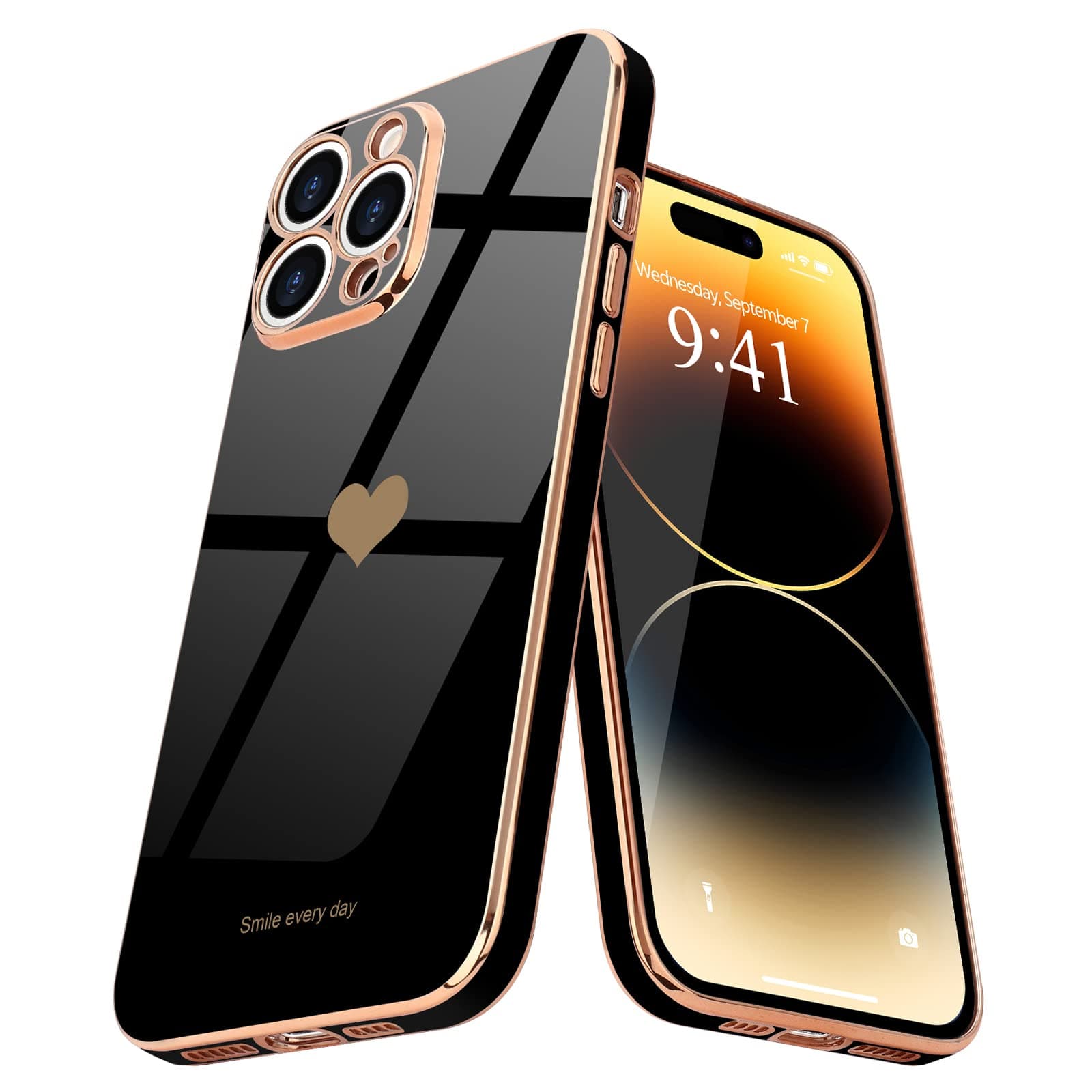Teageo for iPhone 14 Pro Max Case for Women Girl Cute Love Heart Luxury Plating Soft Bling Back Cover Raised Full Camera Protection Bumper Silicone Shockproof Phone Case for iPhone 14 Pro Max, Black