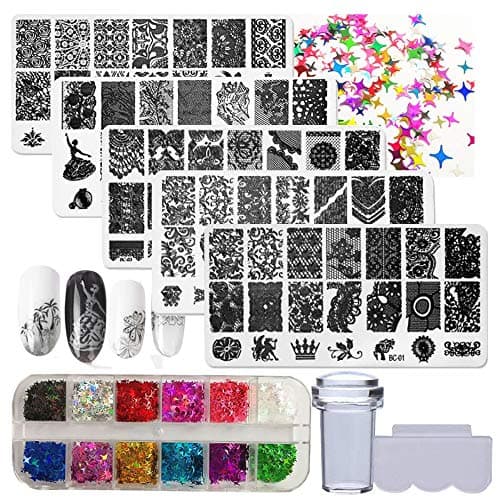 LuckForever Nail Stamping Kit 7pc Flower Animal Letter Nail Art Stamping Plate Lace Cat Dog Butterfly Nails Stencil Template with Silicone Stamper