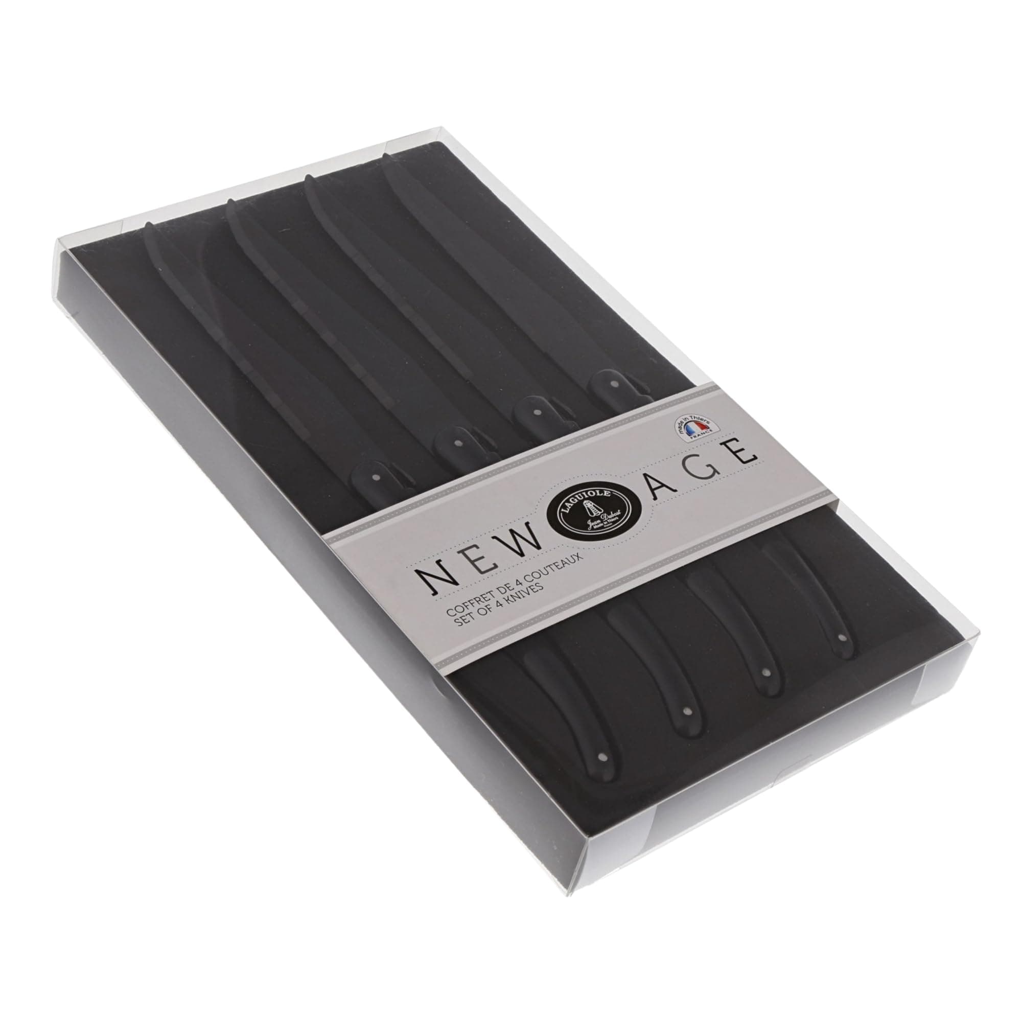 New Age Laguiole 4-Piece Black Steak Knife Set, Black Handles - 1.2 mm Blades - Rust-Resistant Stainless Steel - Made in France