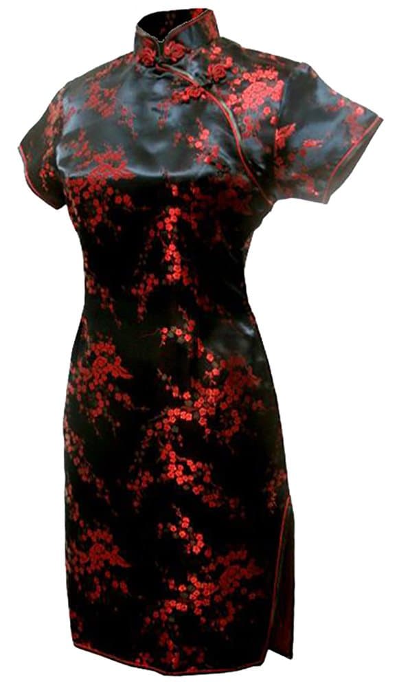 Women's Black&Red Floral Mini Chinese Evening Dress Cheongsam