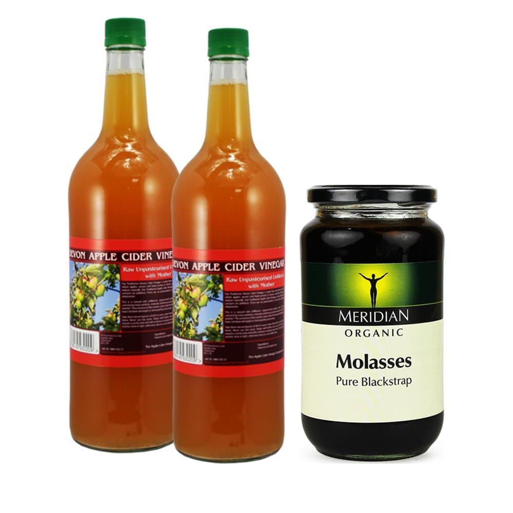 2 x Apple Cider Vinegar with 'Mother' - Natural & Unfiltered 1 Litre Glass Bottle - with 1 x Organic Blackstrap Molasses 600 Grams