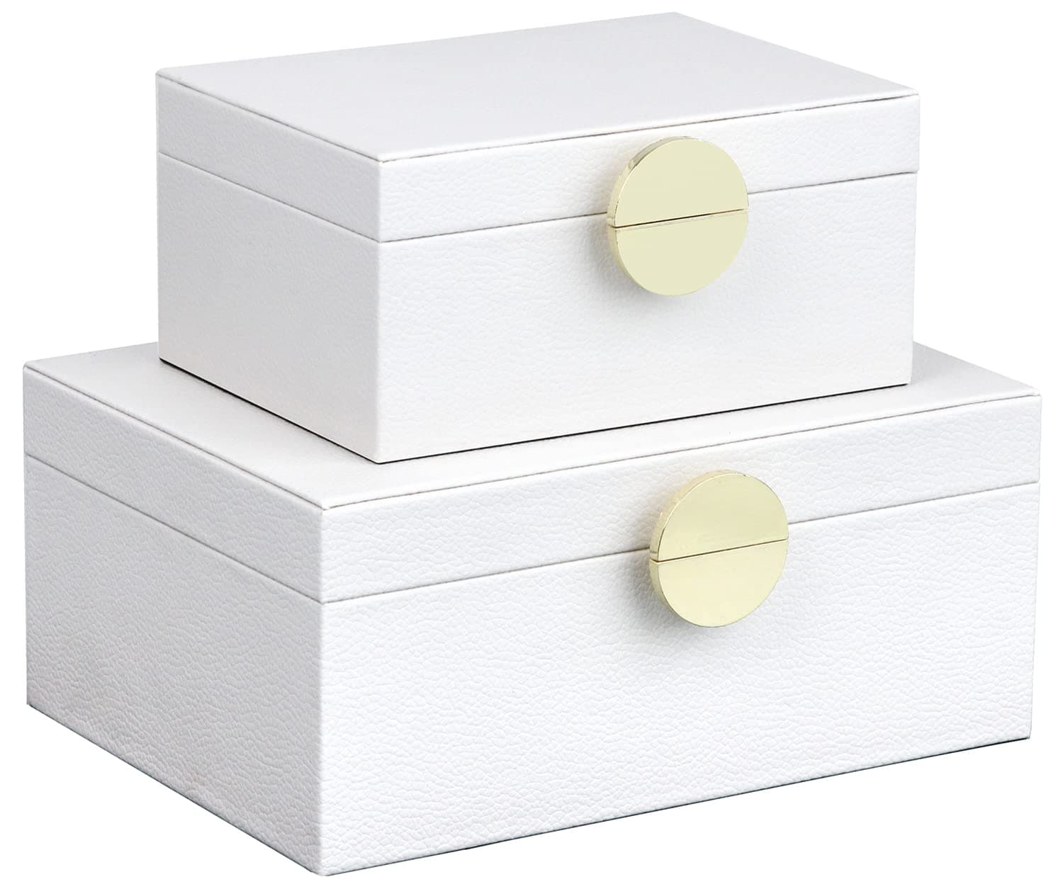 HofferRuffer Faux Leather Jewelry Boxes, Decorative Boxes Storage Accessory Organizer with Gold Hardware Decor, Classic Vegan Leather Set of 2 Pieces (White)