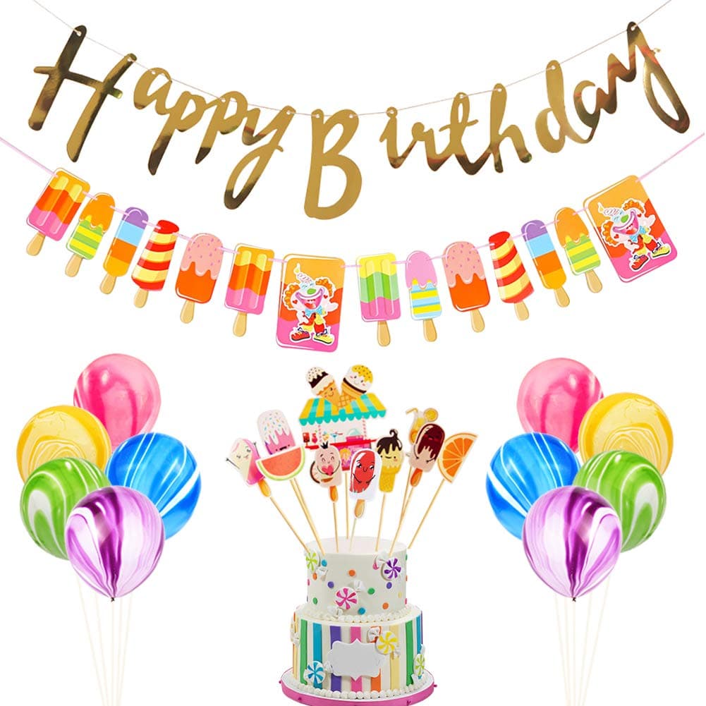 LOCCA Ice Cream Party Decorations for Kids/Girls, Party Favors Supplies Set for Ice Cream Theme Birthday - Happy Birthday Banner/Popsicle Garland/Summer Ice Cream Cupcake Toppers/Colorful Balloons