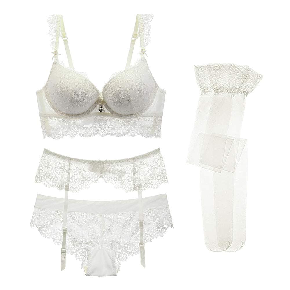 varsmissFloral Lace Push up Bra Sets Deep V Bra Panty Garter Stockings 4 Piece