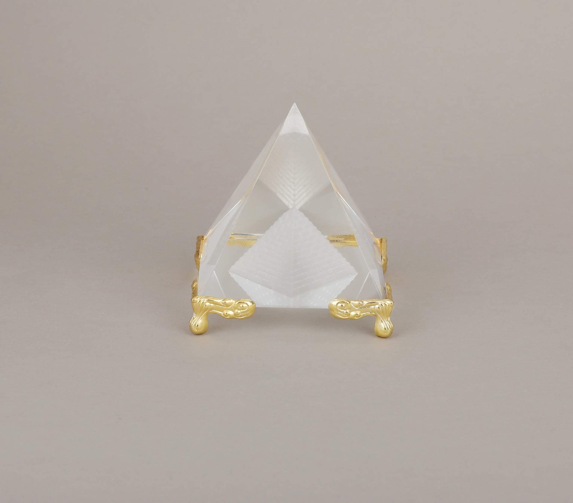 Vastu Shubharambh Crystal Glass Pyramid on Golden Stand for Positive Energy, Good Luck and Enhancer fine Quality of Crystal Glass as Vastu Remedy for Home/Office. (Height-5cm)