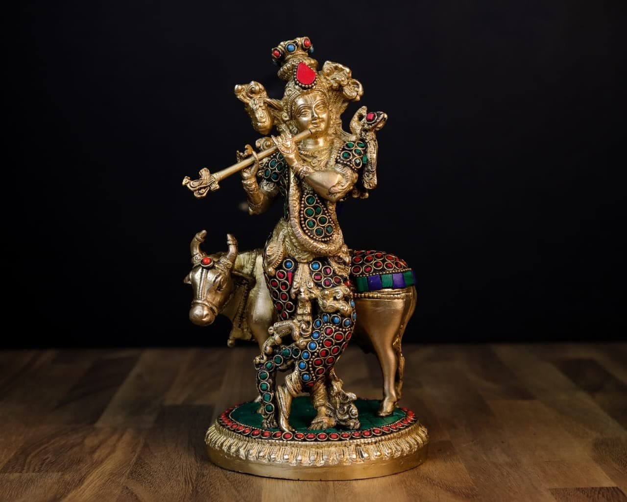 SHIVAJI ARTS Cow Krishna Statue in Brass, 26 CM Lord Krishna Sculpture for Home Altar Temple Mandir Yoga Studio Decor.