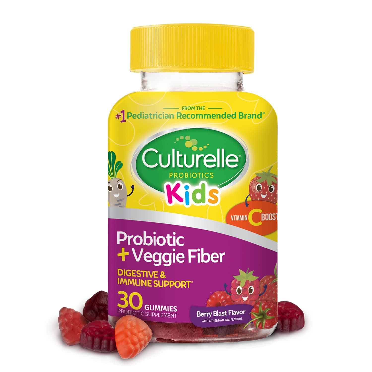 Culturelle Daily Probiotic for Kids + Veggie Fiber Gummies (Ages 3+) - 30 Count - Digestive Health & Immune Support – Berry Flavor with a Vitamin C Boost
