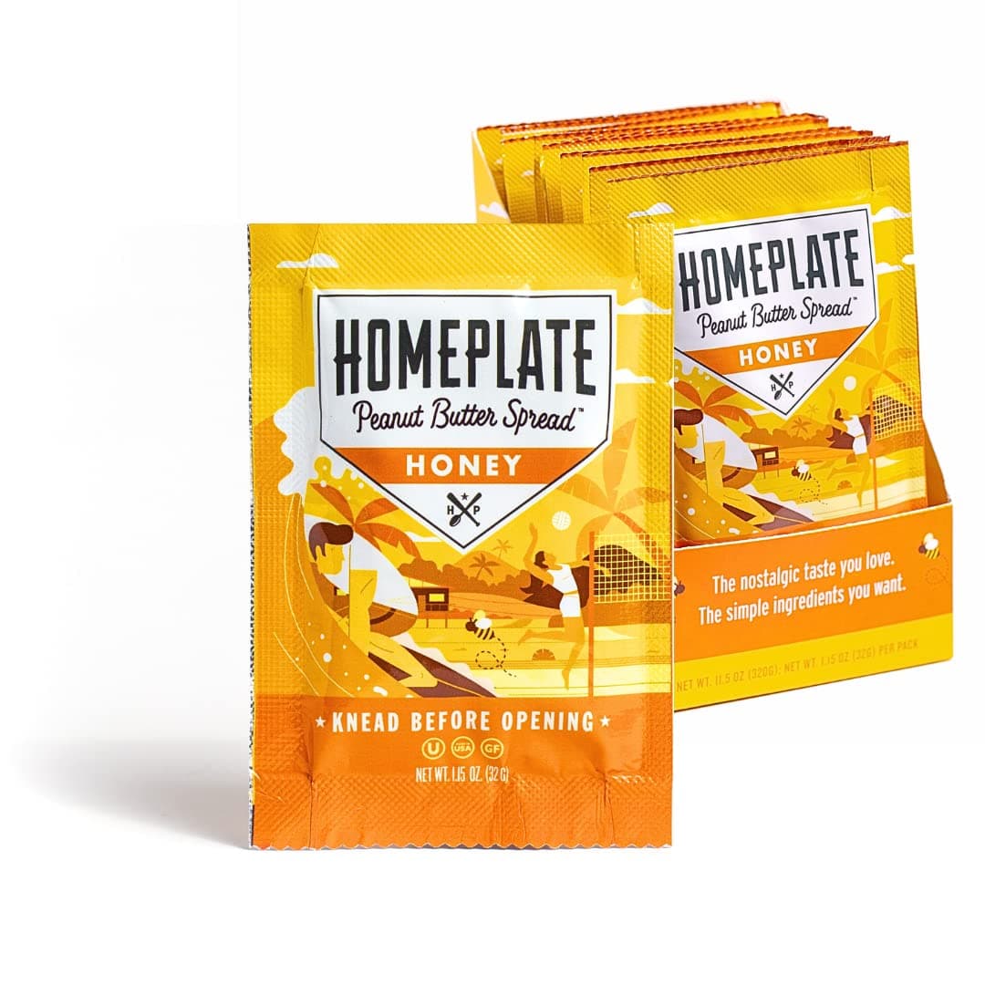 HomePlate Peanut Butter On-the-Go Squeeze Packs, Honey Flavored Creamy, All Natural, No Stir, Non-GMO, 1.15 oz. squeeze packs, Pack of 10