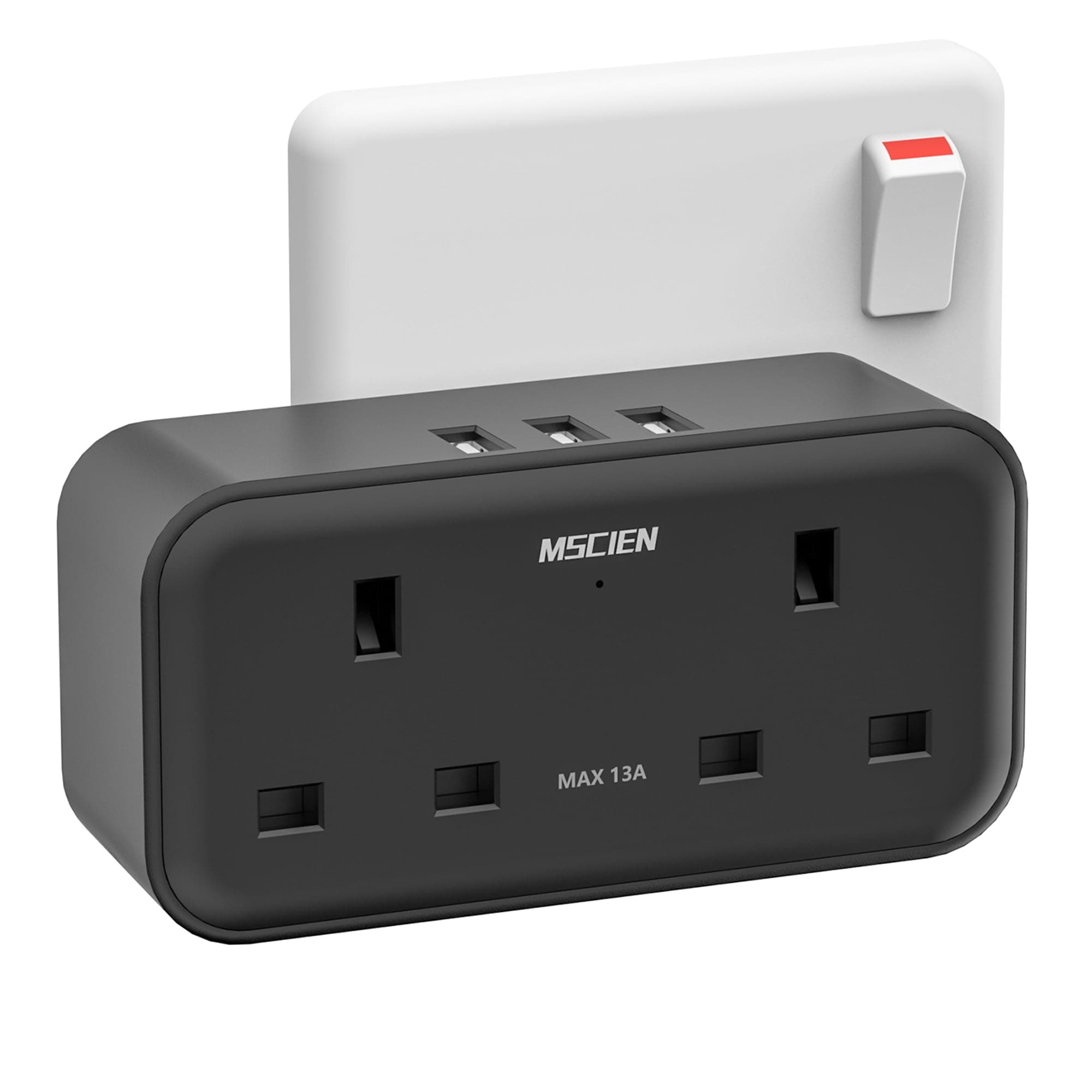 Mscien Double Plug Adaptor, Plug Adapter with 3 USB, 2 Way Plug Extension with Dual 2 Pin Socket at The Bottom, 13A UK Multiplug Extender, Wall Charger Power Socket for Home Kitchen Office, Black