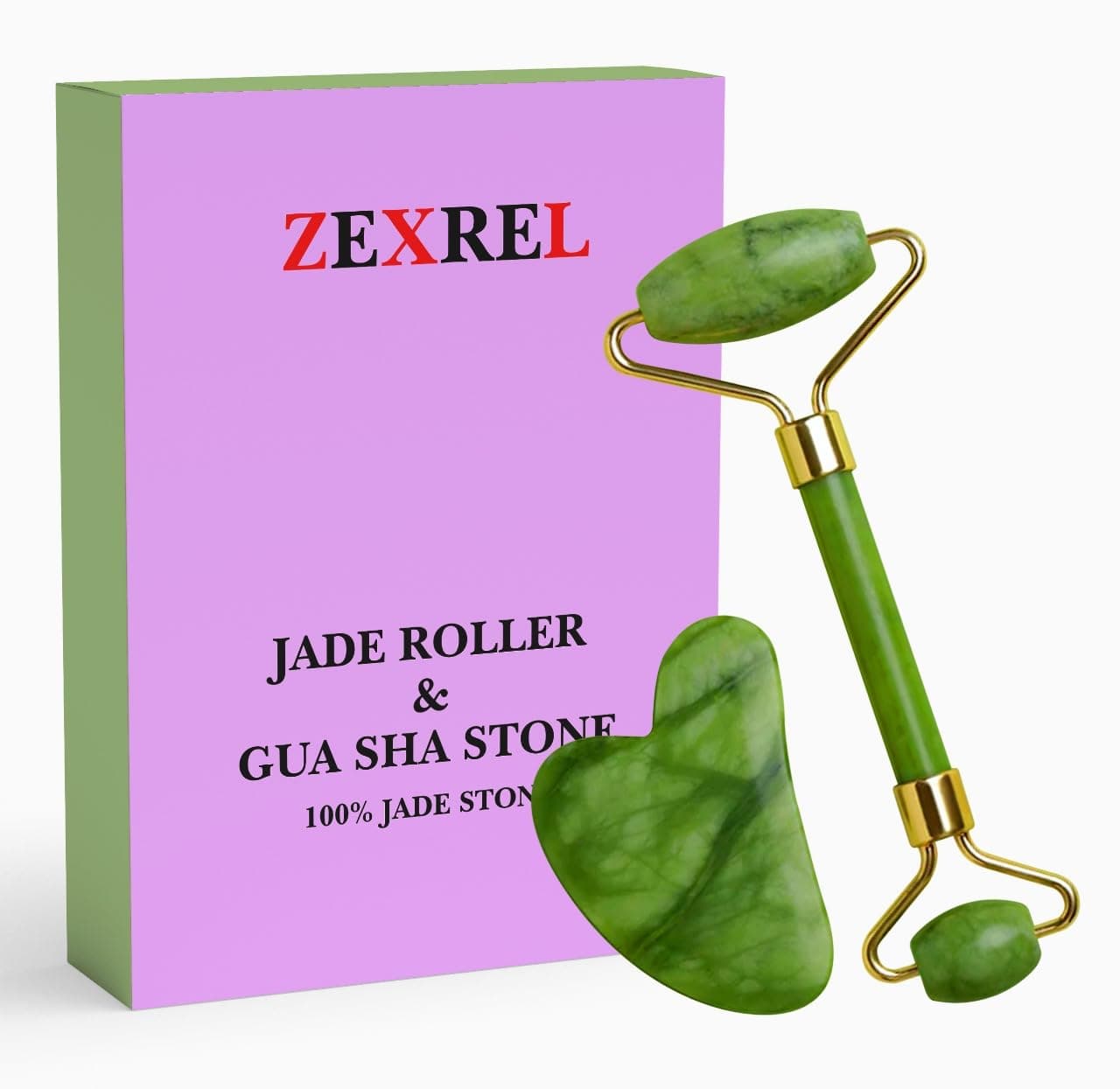 ZEXREL Facial Massager Jade Roller & Gua Sha Tool 100% Natural Himalayan Stone for Face Neck Healing Skin Wrinkles & Face Eye Neck Foot Manual Massage For Women -(Stone - 1)