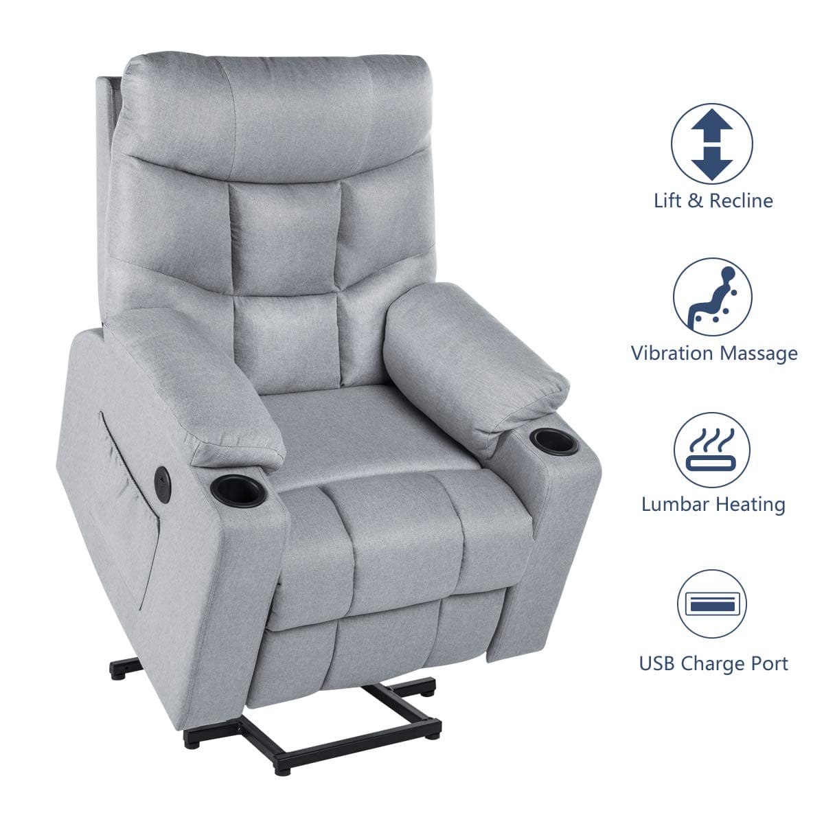 Esright Power Lift Chair Electric Gray Recliner for Elderly Heated Vibration Fabric Sofa Motorized Living Room Chair with Side Pocket and Cup Holders, USB Charge Port & Remote Control