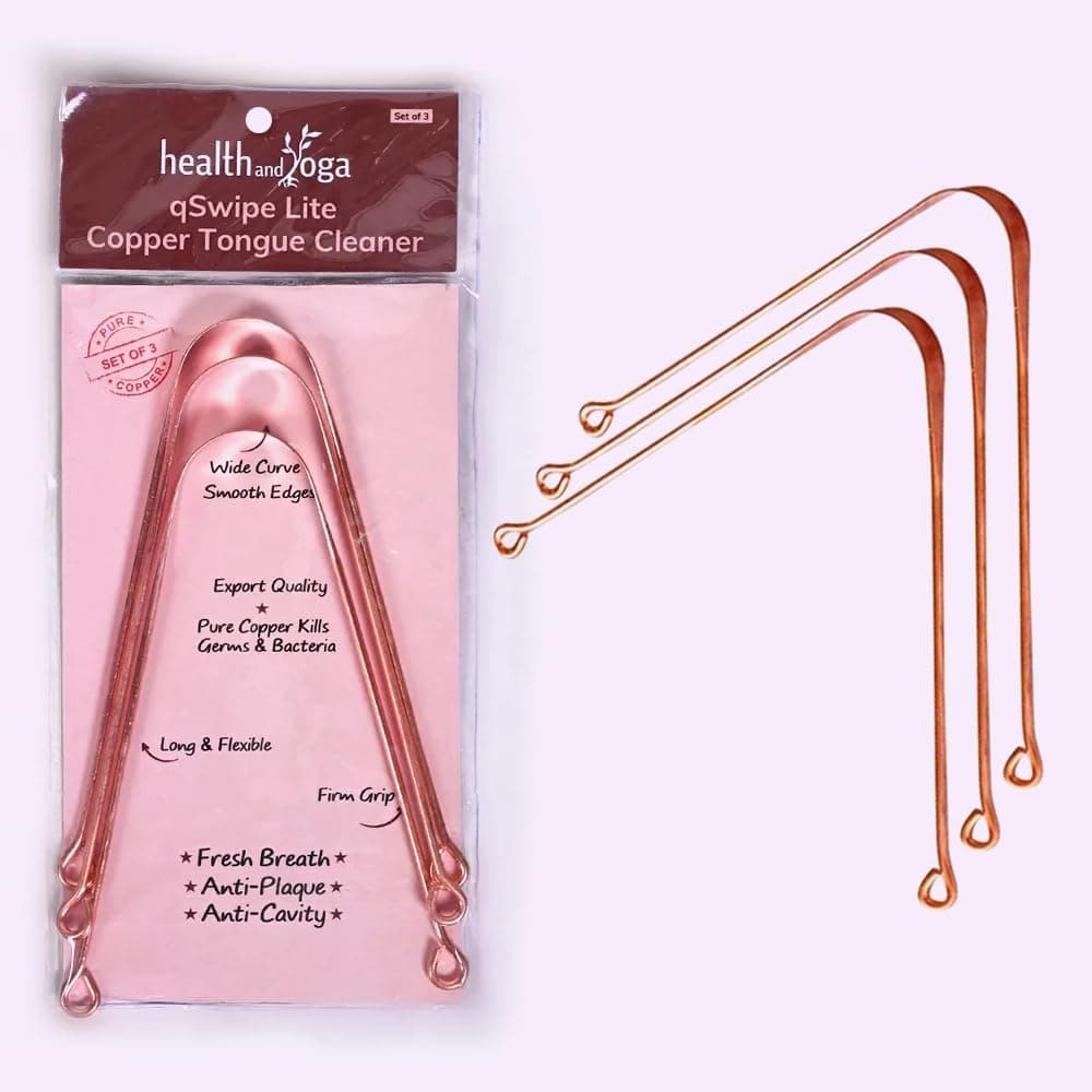 HealthAndYoga™ qSwipe Lite Copper Tongue Cleaners (Pack of 3) – Prevents Bad breath, Improves taste- Flexible, Curved ends provide good grip – Complete Oral Care/Hygiene for Travel/Office/Home