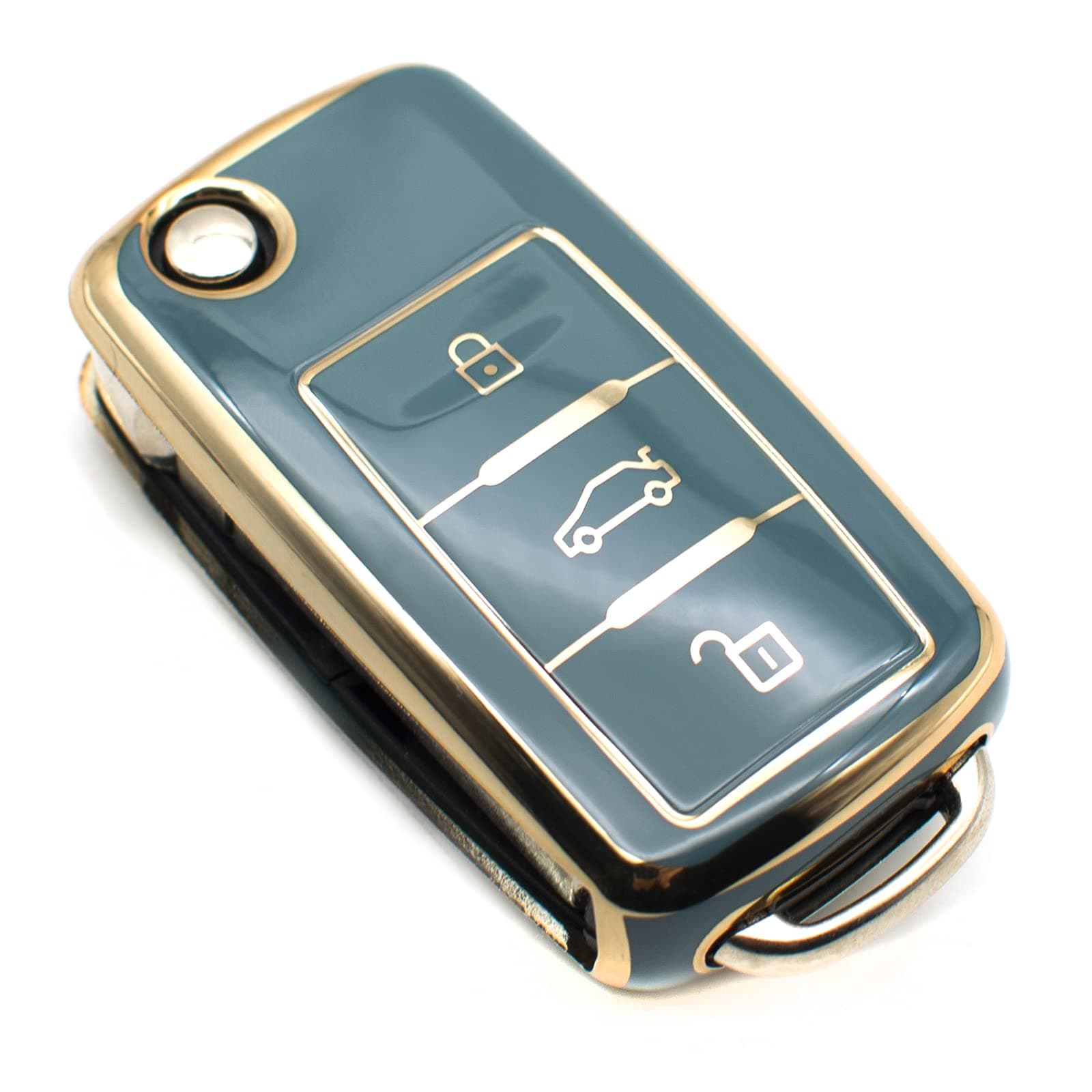 FEYOUN Key Fob Cover Compatible with VW Volkswagen Atlas Golf GTI Jetta Passat Tiguan Touareg Beetle Flip 3 Buttons TPU Remote Keyless Key Fob Case Protection Shell Accessories, Blue Gray
