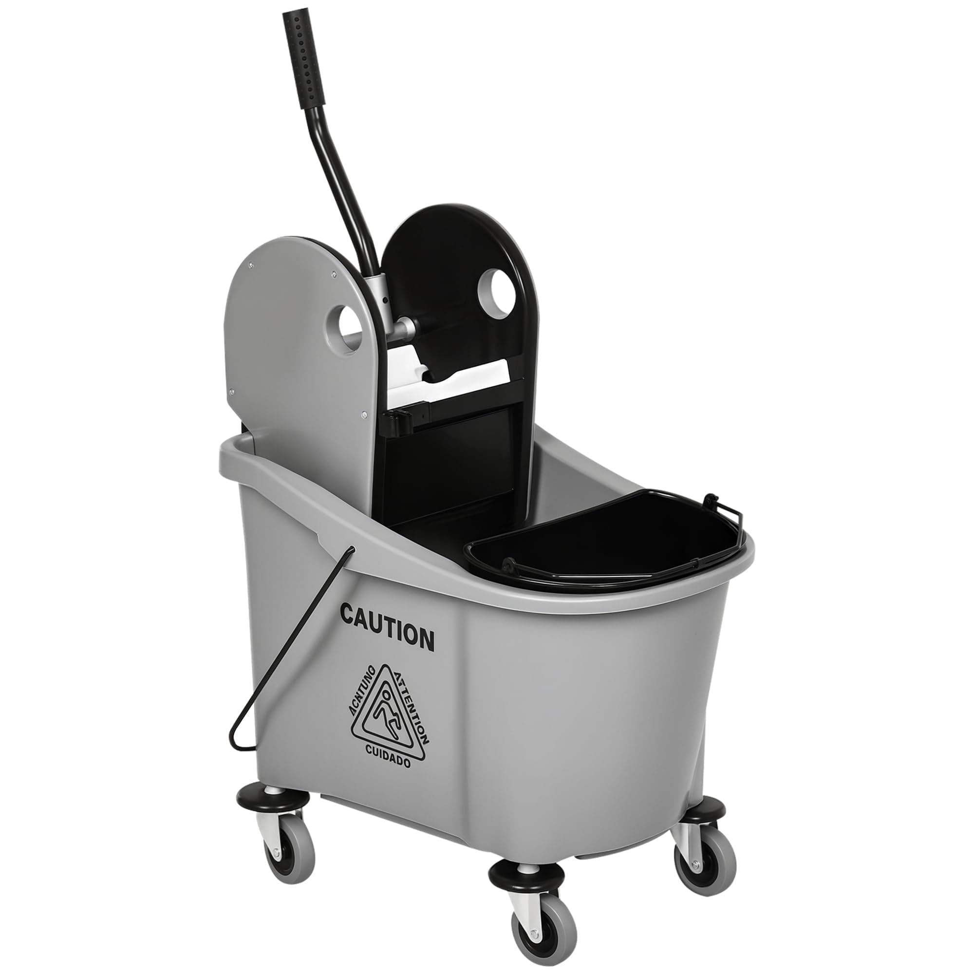 9.5 Gallon (38 Quart) Mop Bucket with Wringer Cleaning Cart, 4 Moving Wheels, 2 Separate Buckets, & Mop-Handle Holder, Grey