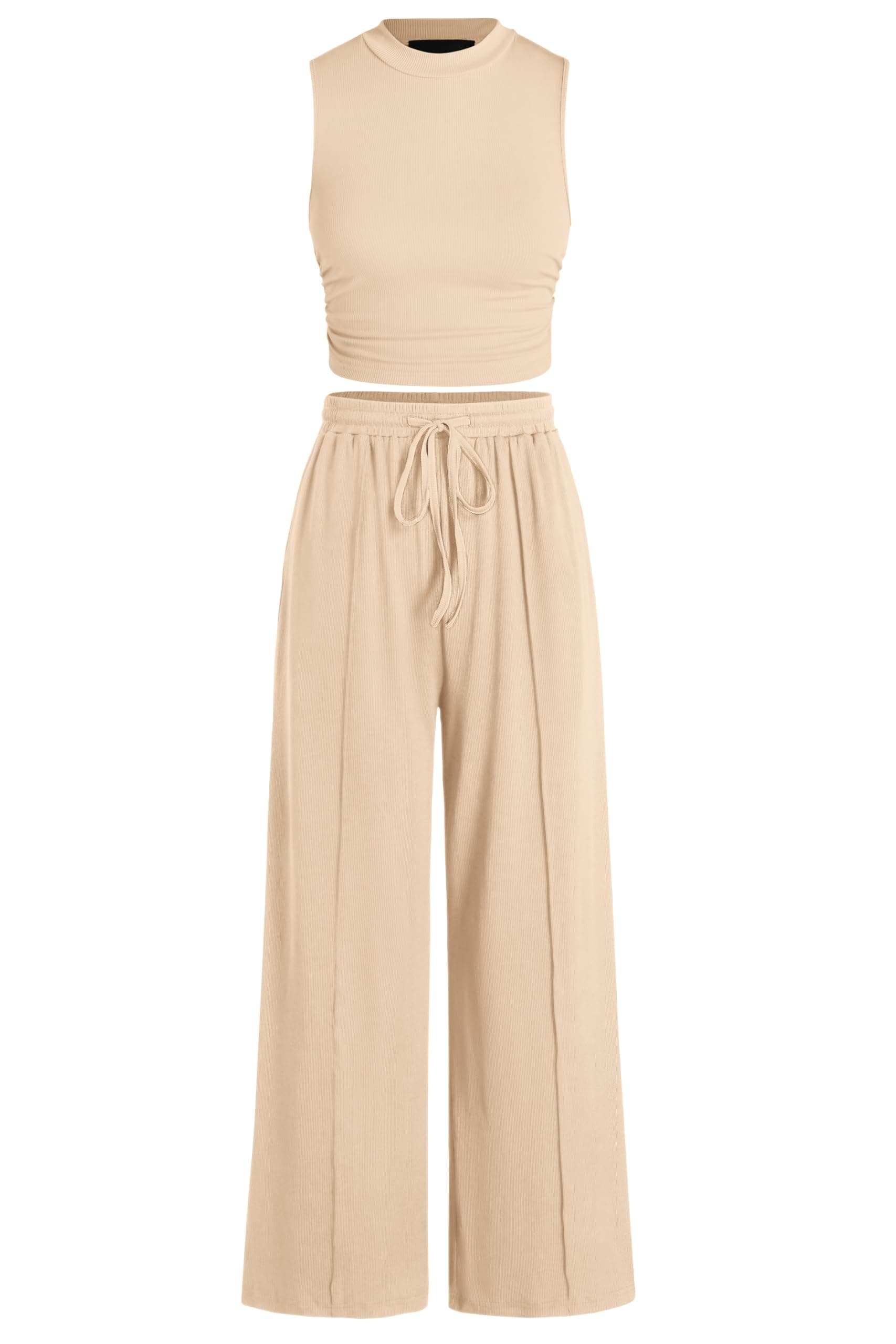 BTFBMWomen Summer 2 Piece Outfits 2025 Beach Crew Neck Sleeveless Cropped Top Elastic Waist Wide Leg Pants Lounge Set