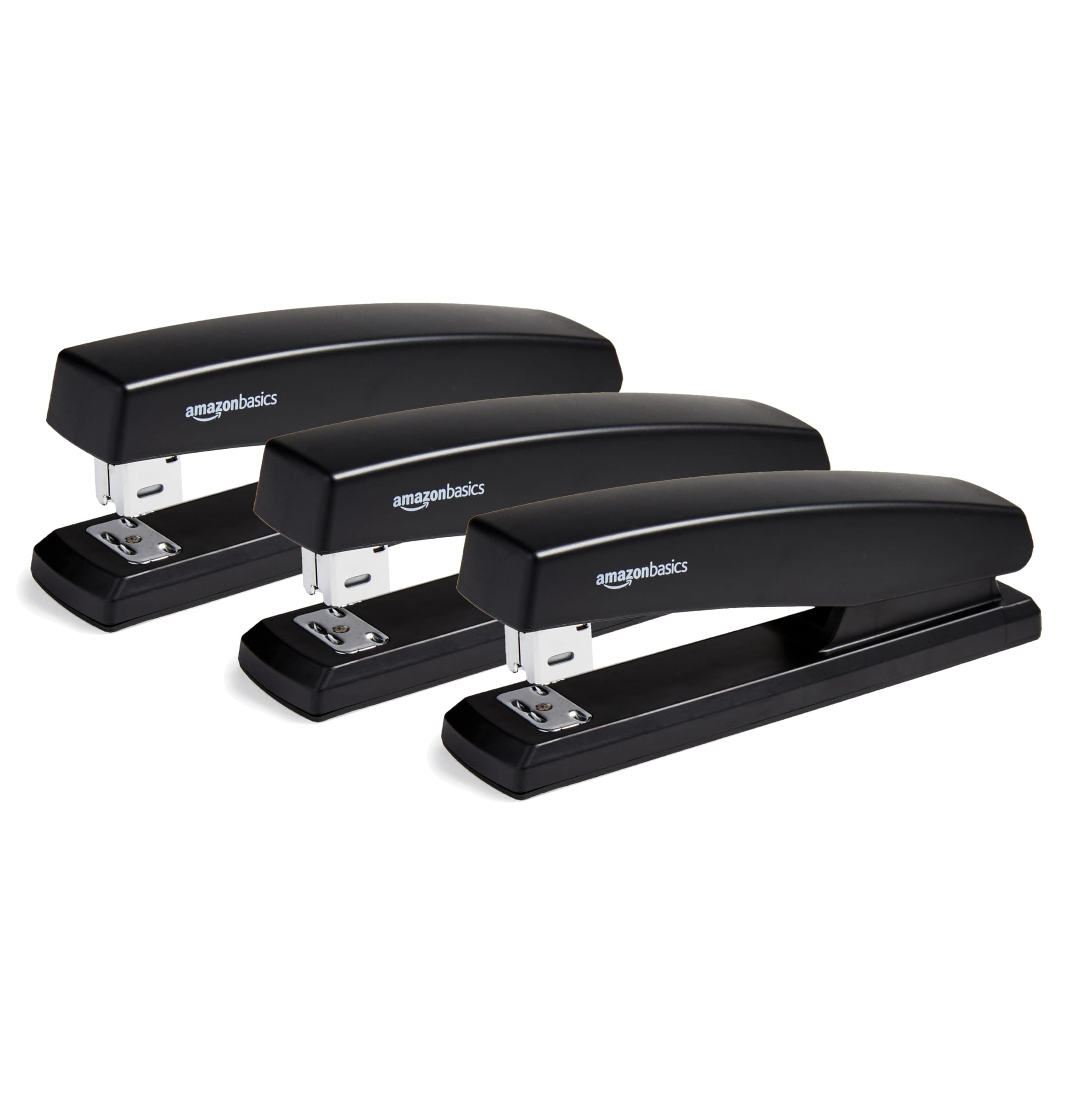 Amazon Basics Staplers with 1000 Staples, Pack of 3, 10 sheet capacity, anti-slip rubber base, Home, Office, Black