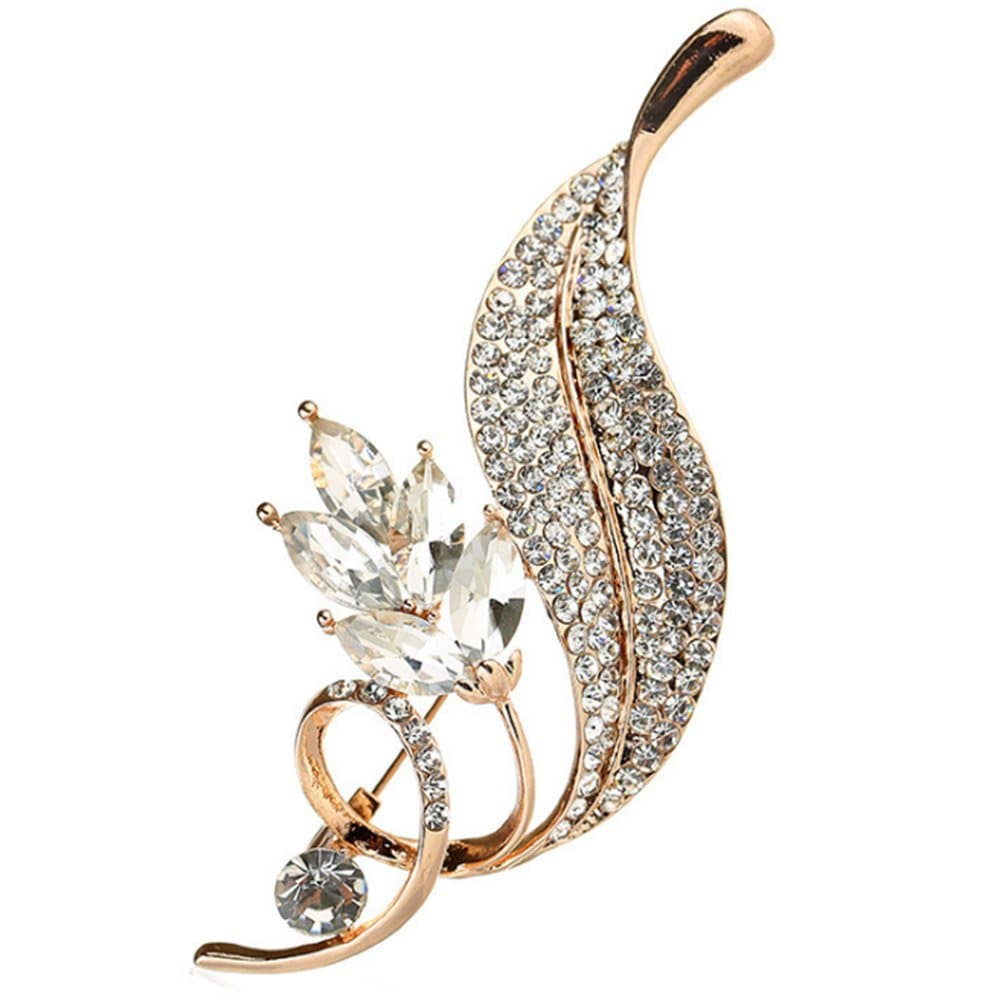 Flower Leaf Brooch Pin Spiral Delicate Rhinestone Rose Gold Plated Cocktail Accessory Gift
