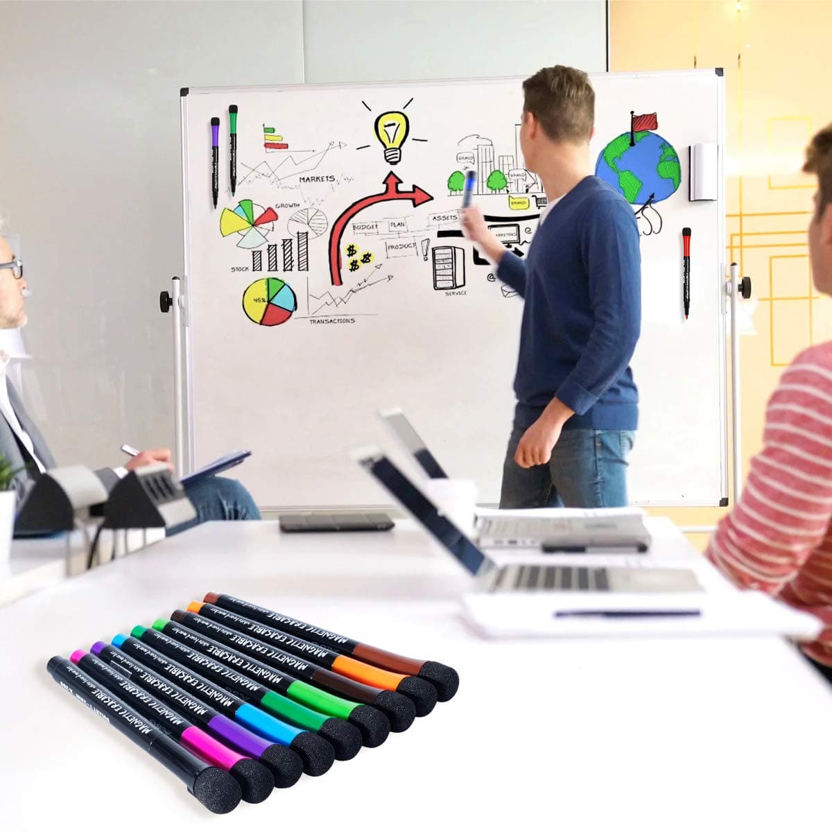Whiteboard Pens: 12 Magnetic Whiteboard Pens and Eraser Set, Fine Tip Whiteboard Markers, Dry Wipe Markers for Kids and Adults