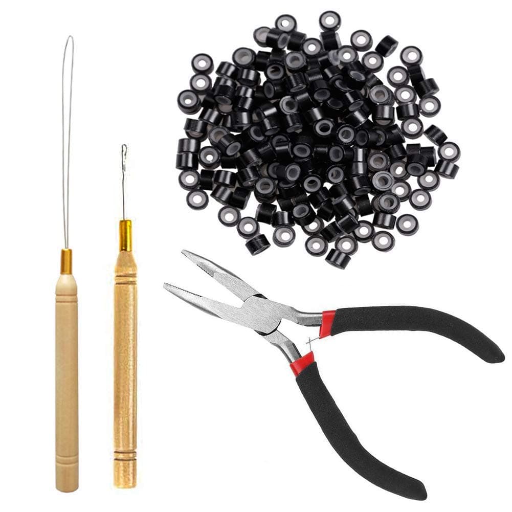 Hair Extension Remove Pulling Hook Plier with Silicone Lined Micro Rings Bead Device Kits for Professional Hair Styling Accessory (Black), 500 Pieces