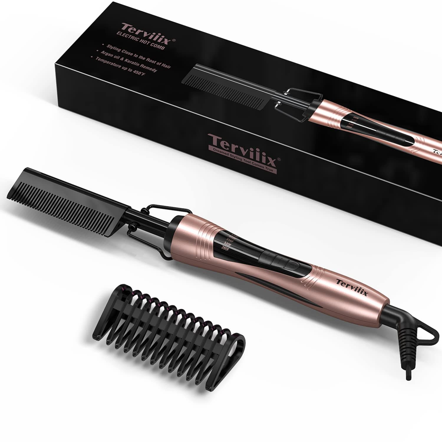 Hot Comb Electric, Hot Comb for Wigs, Afro Hair & Beard, Anti-Scald Straightening Comb with Keratin & Argan Oil Infused Teeth, Temperatures Adjustable, 60 Min Auto Shut Off