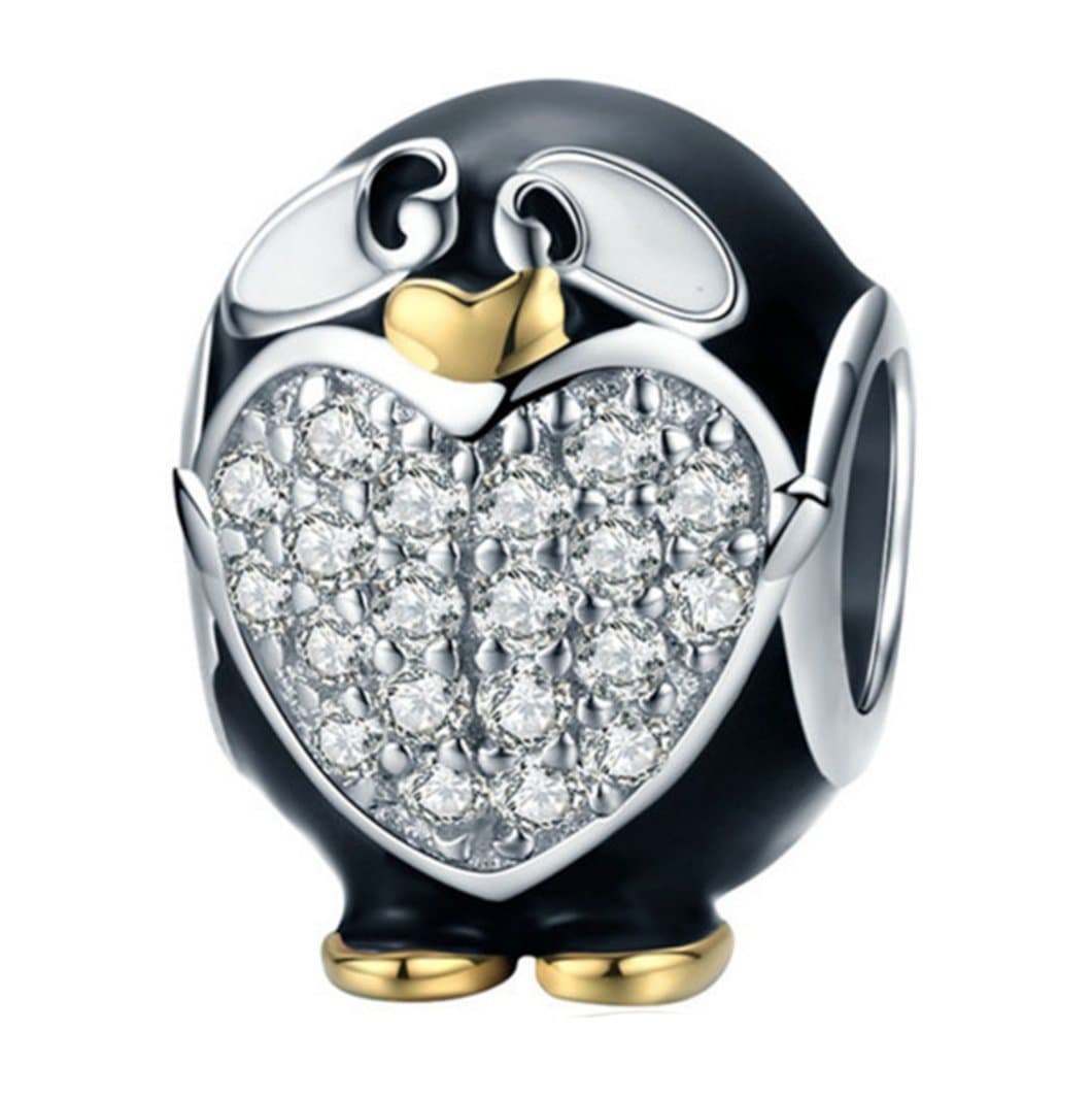 Adorable Penguin Genuine 100% 925 Sterling Silver Clear CZ Charm Beads fit Women Bracelet DIY Jewelry Making SCC463