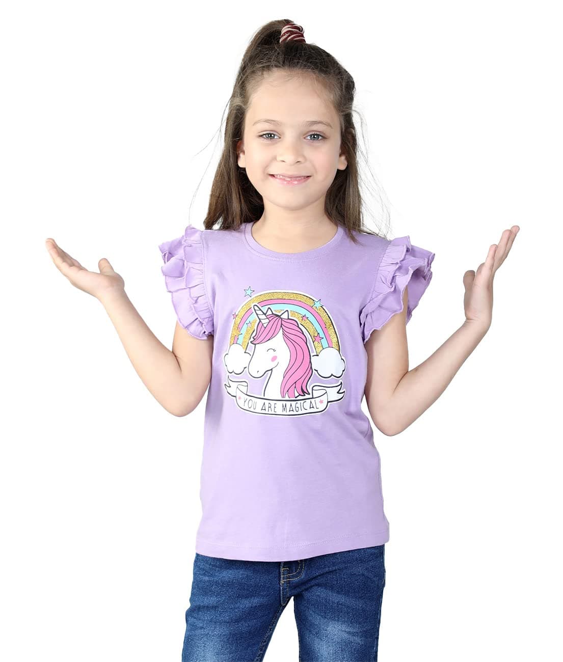 UrbanMarkJunior Girls 100% Cotton Unicorn Printed Cap Sleeves T Shirt with Ruflles
