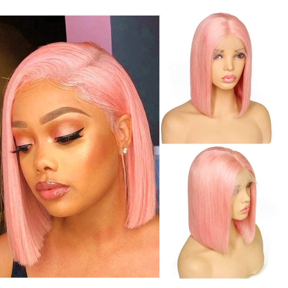 Loviness Short Bob Wig Pink Human Hair Wigs 8’’ 10’’ 12’’ 14’’ Middle Part Lace Front Silky Straight Hair Wigs 180% Density 13X4 Frontal Pre Plucked(8 inches)