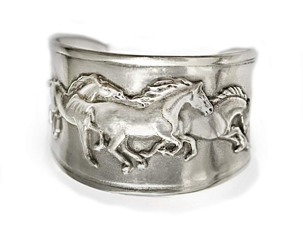 Horse Lady Gifts bracelets, Galloping Mustangs Frieze on cuff bracelet handmade artist USA in silvery pewter