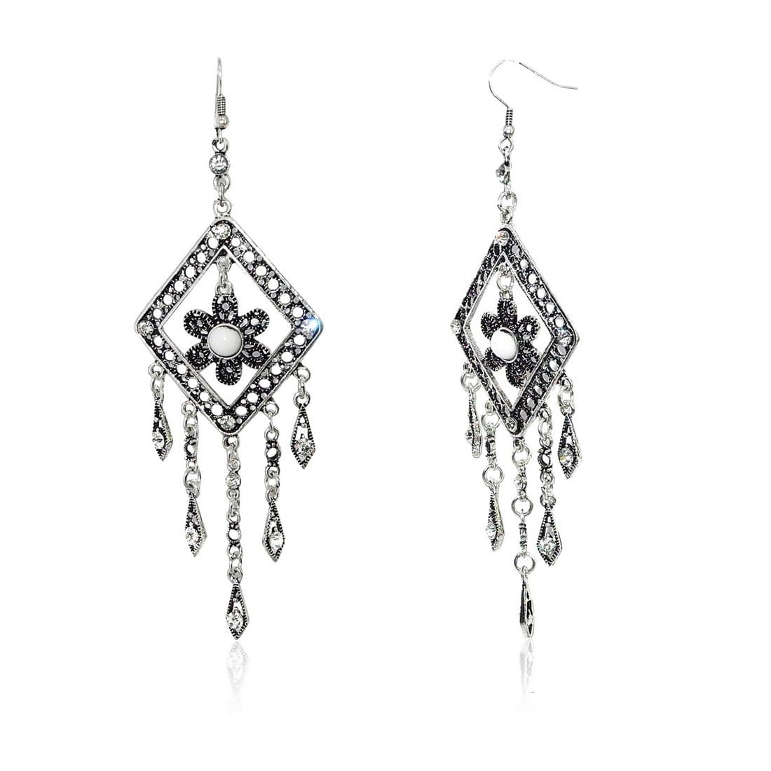 Ladies Silver Hollow Out White Stone & CZ Charm Hook Dangle Earrings Jewellery