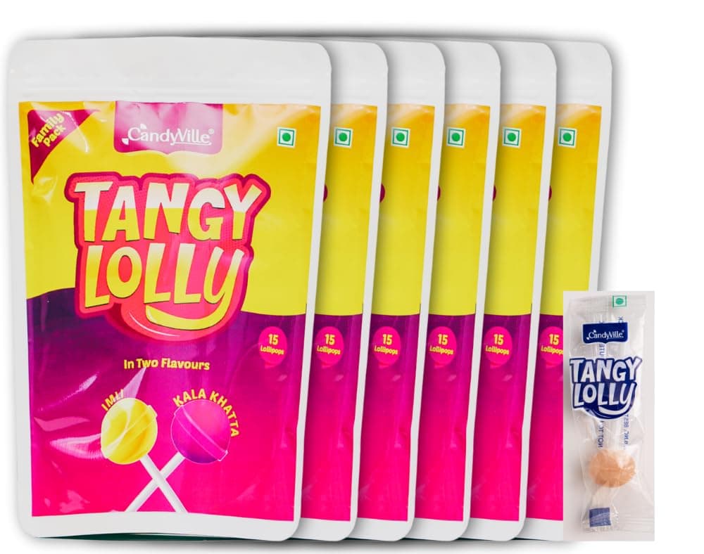 CandyVille TangyLolly Imli & Kala Khatta Lollipops | Imli and Kala Khatta Flavoured Lollipops Pouch with Zipper - 90 Lollipops - Pack of 6 (6 x 15 Lollipops) | Kala Khatta & Tangy Imli Popz