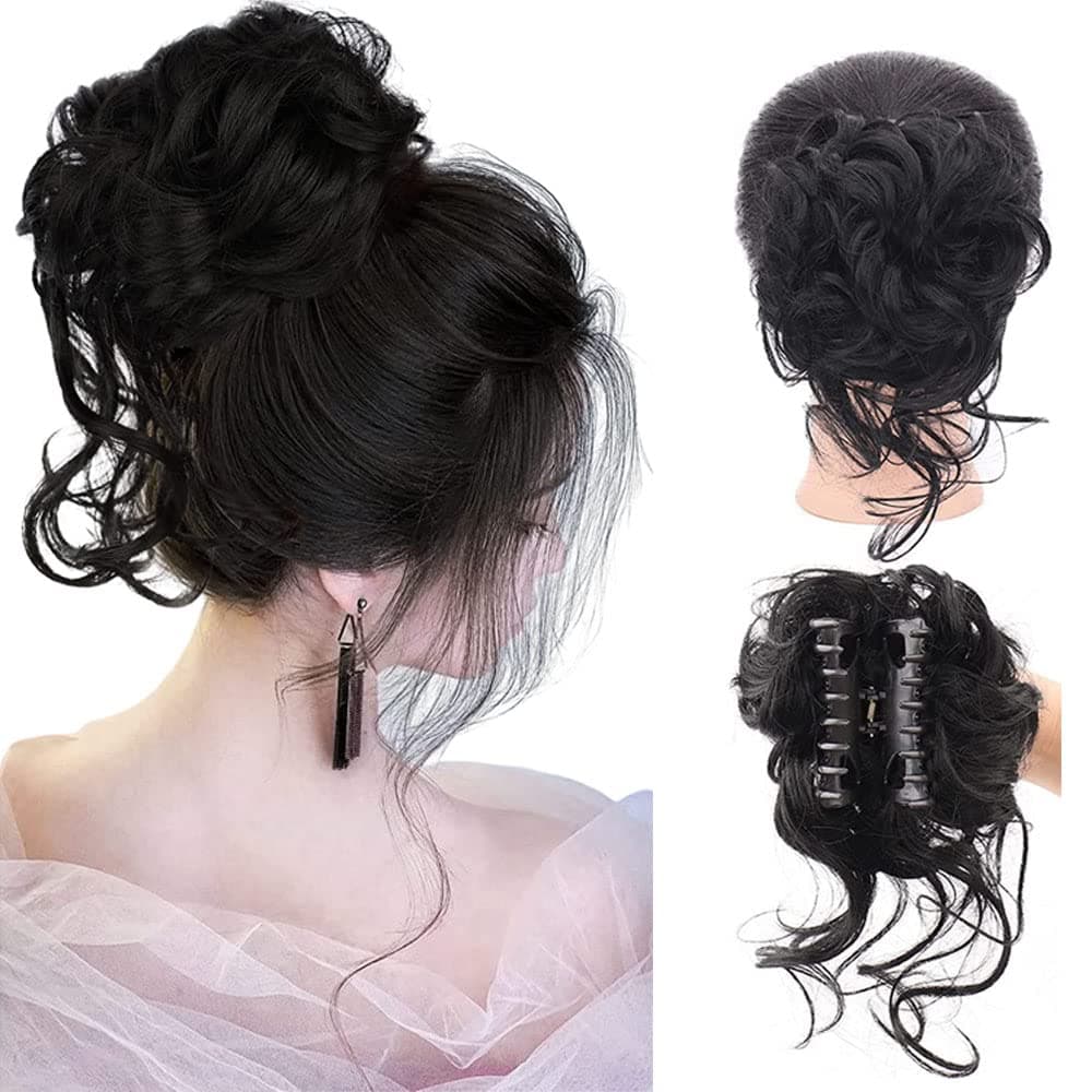 Goodern 2 Pcs Messy Bun Hair Extensions Claw Clip Bun Hair Pieces Synthetic Curly Hair Bun Wig Claw in Short Ponytails Hairpieces Updo Hair Scrunchie Chignon for Women Girls Travel Daily Wear-Black