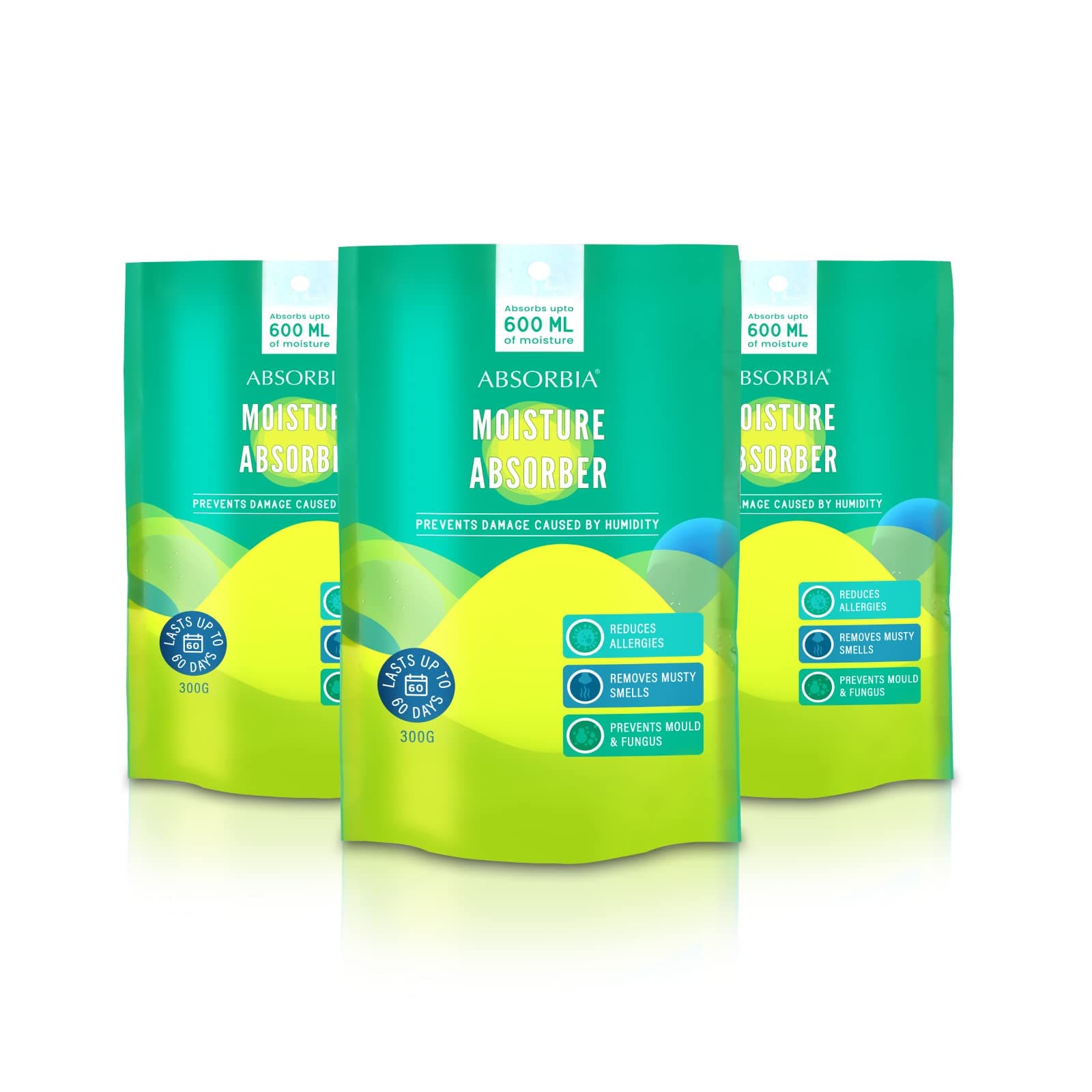 Moisture Absorber Stand Up Pouch | Pack of 3 (600ml Each) | Moisture Absorber for Wardrobe | Dehumidifier for Room Moisture | Air Freshener for Room, Toilet | Moisture Absorbers