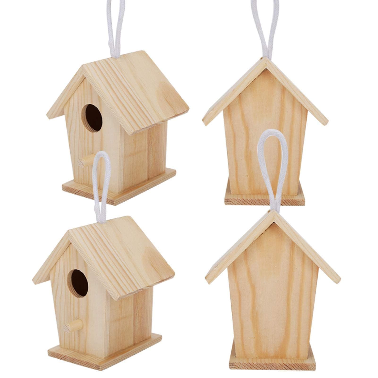 Hanging Bird House, Exquisite 4Pcs Mini Cage, Beautiful Craft Wood House Kit, Wooden Houses For Birds, Diy Paint Your Own Birdhouse