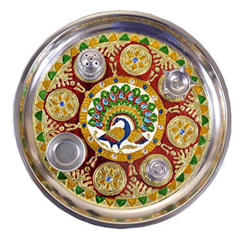 Maitri Creations Handicraft Handmade meenakari Pooja thali with kumkum Box, Incense Stick Holder and Diya Holder Size 11 inch