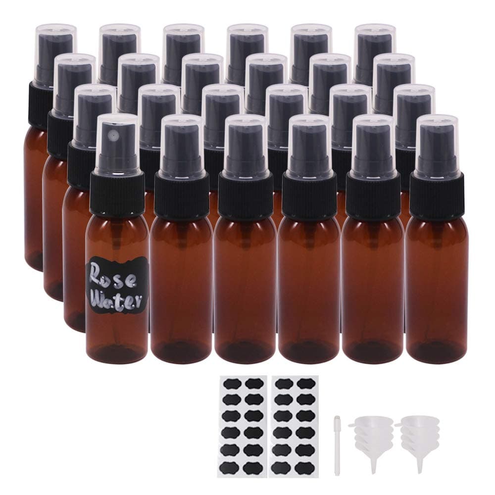 1 oz 24 Pack Amber Plastic Spray Bottles for Essential Oil, Perfume, Aromatherapy, Alcohol, Travel Bottles With Fine Mist Sprayer, Funnel, Chalk Labels, Pen