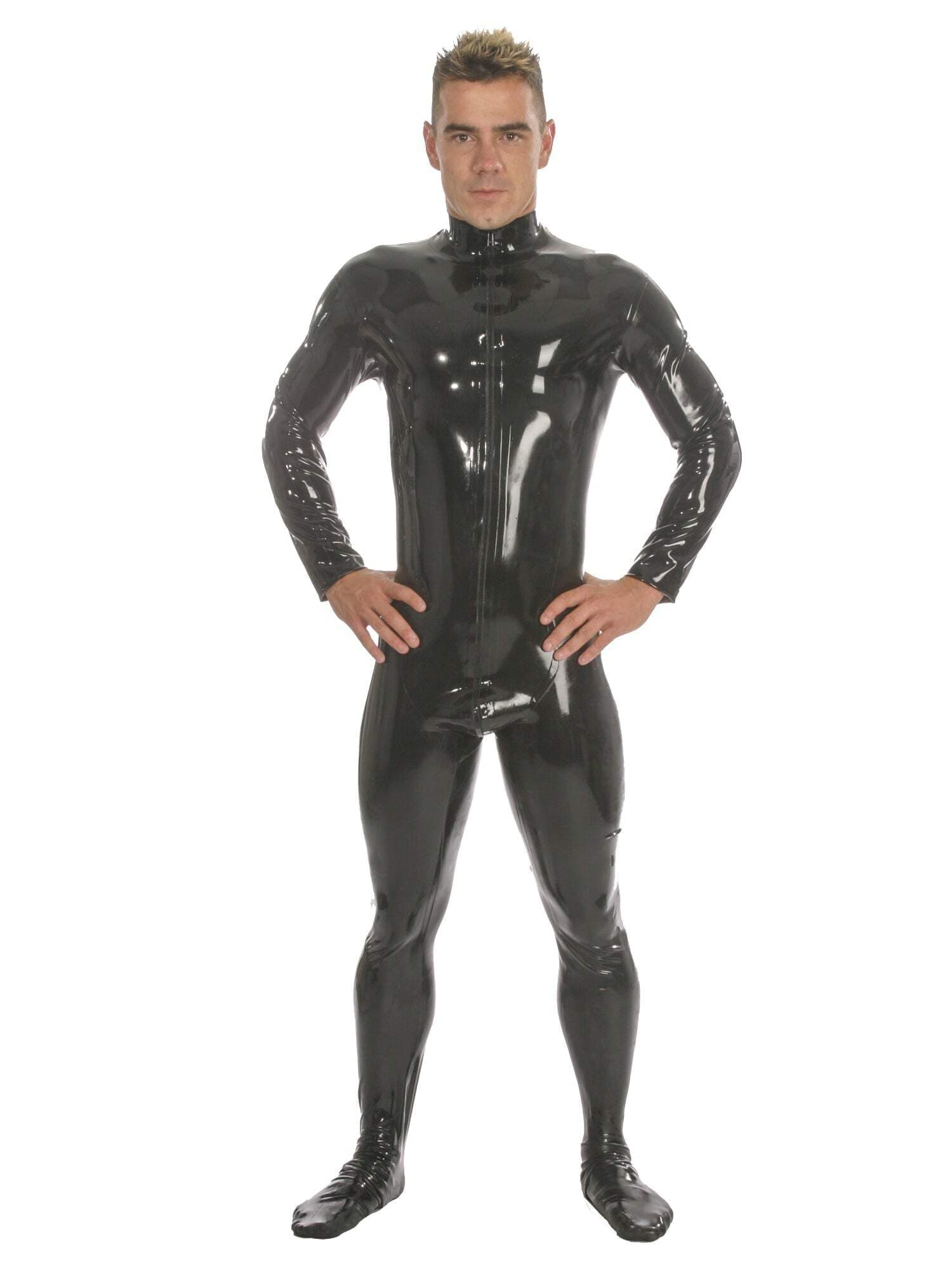 HONOUR Front Zip Male Latex Rubber Catsuit Bodysuit Costume S Black
